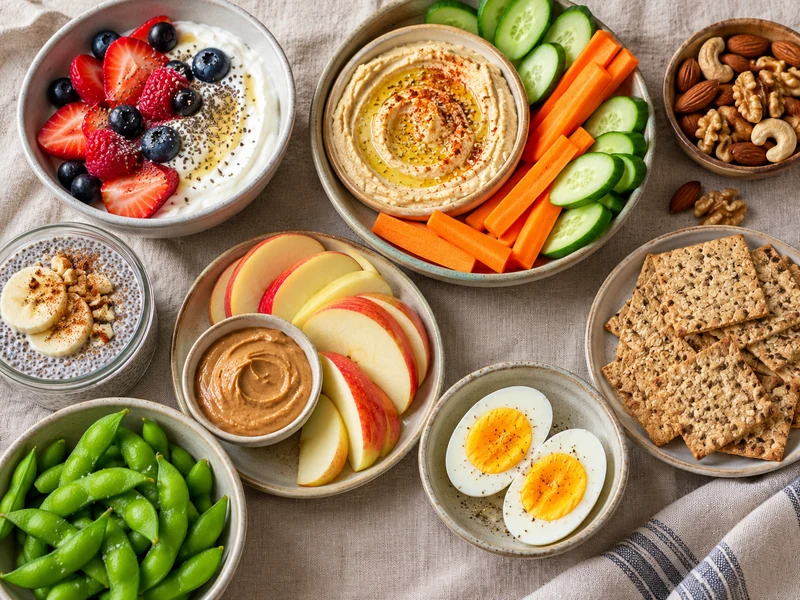 A colorful spread of yogurt, fruit, hummus, vegetables, apple, nut butter, eggs, edamame, nuts, and crackers