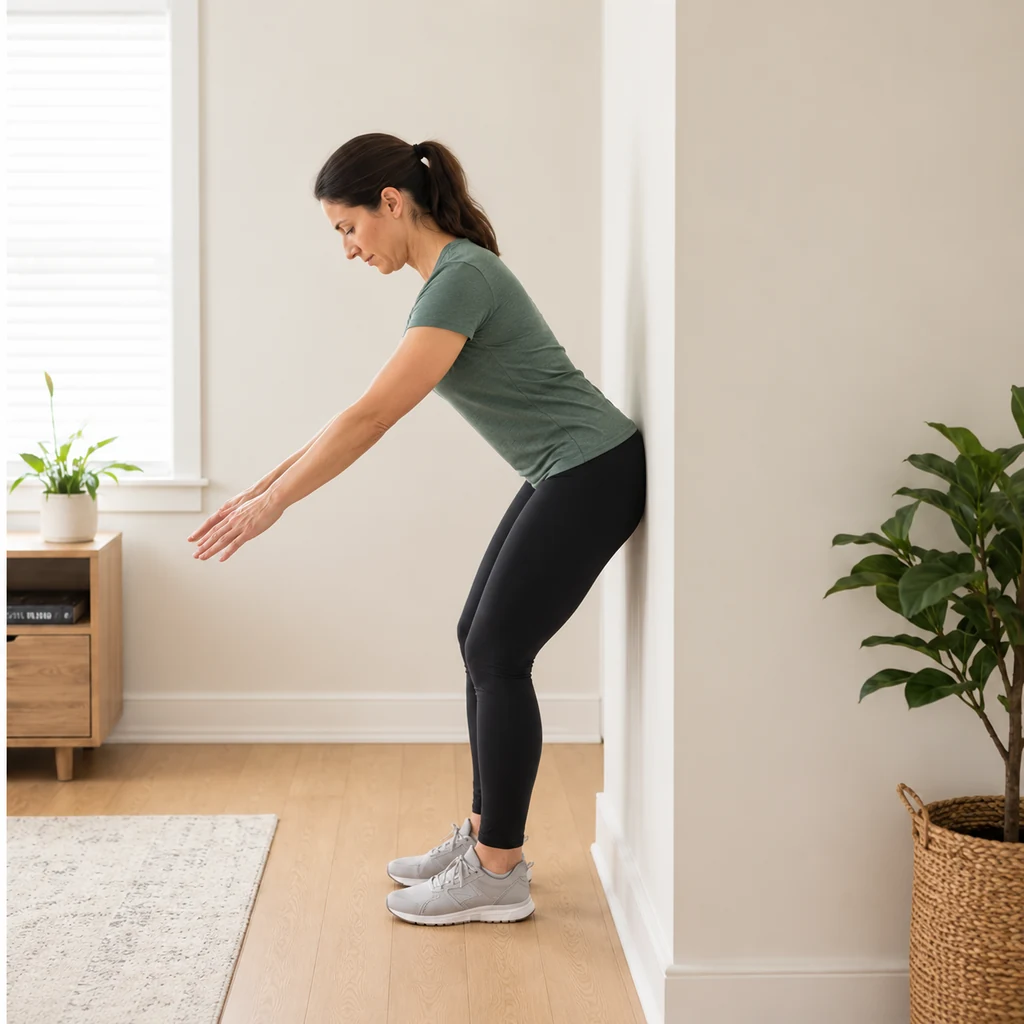 Adult performing a hip hinge with the hips lightly touching a wall