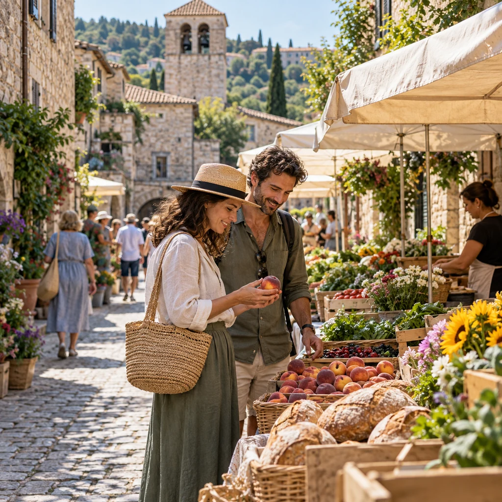 Travelers browsing a farmers market in a historic stone town