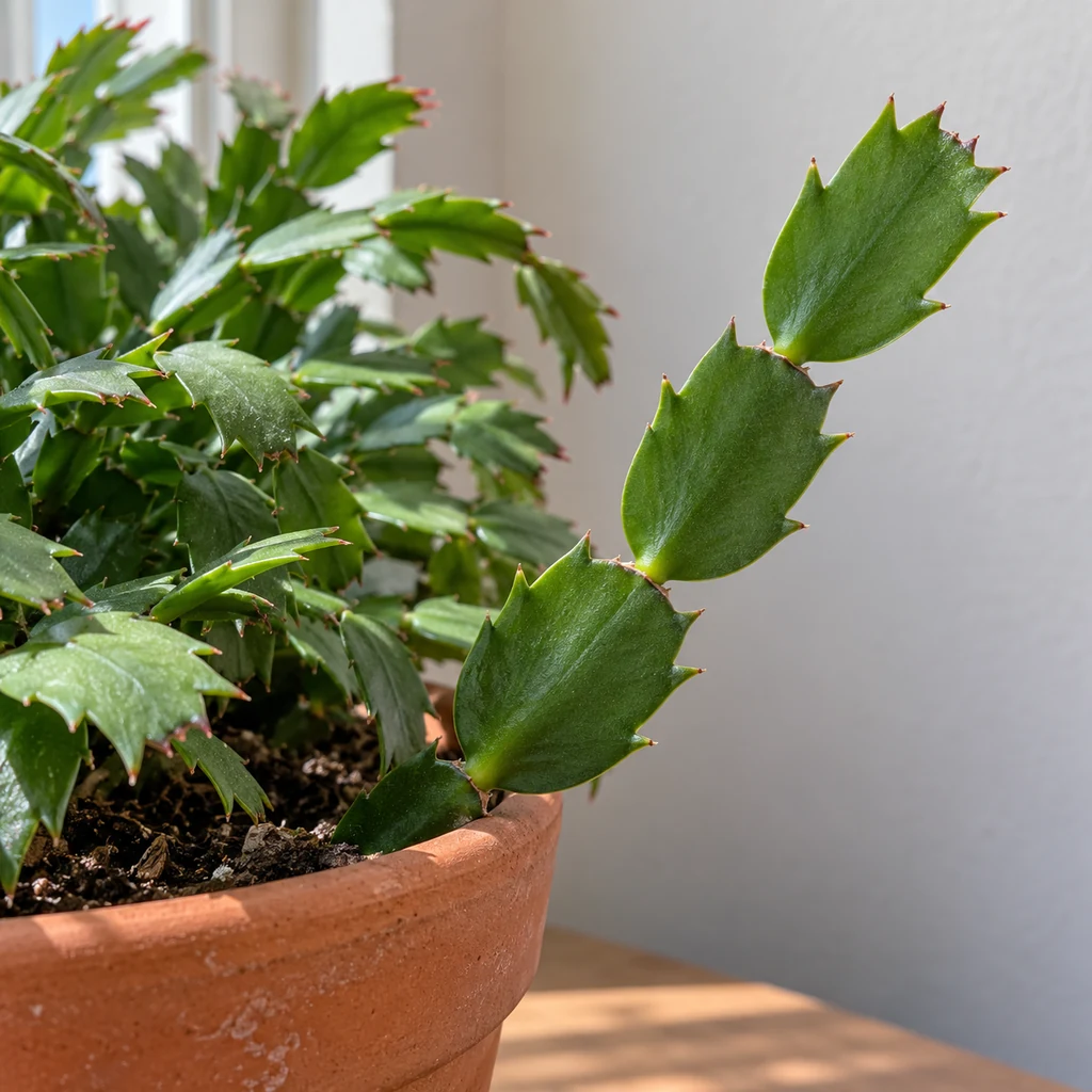 Healthy pointed holiday cactus stem segments with a visible joint for taking a cutting