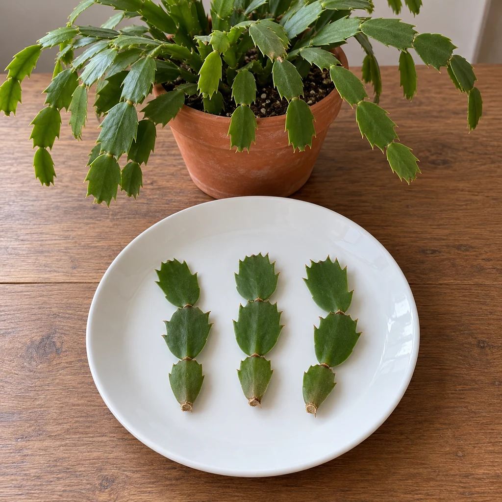 Three separate three-segment holiday cactus cuttings drying on a plate with their basal ends aligned
