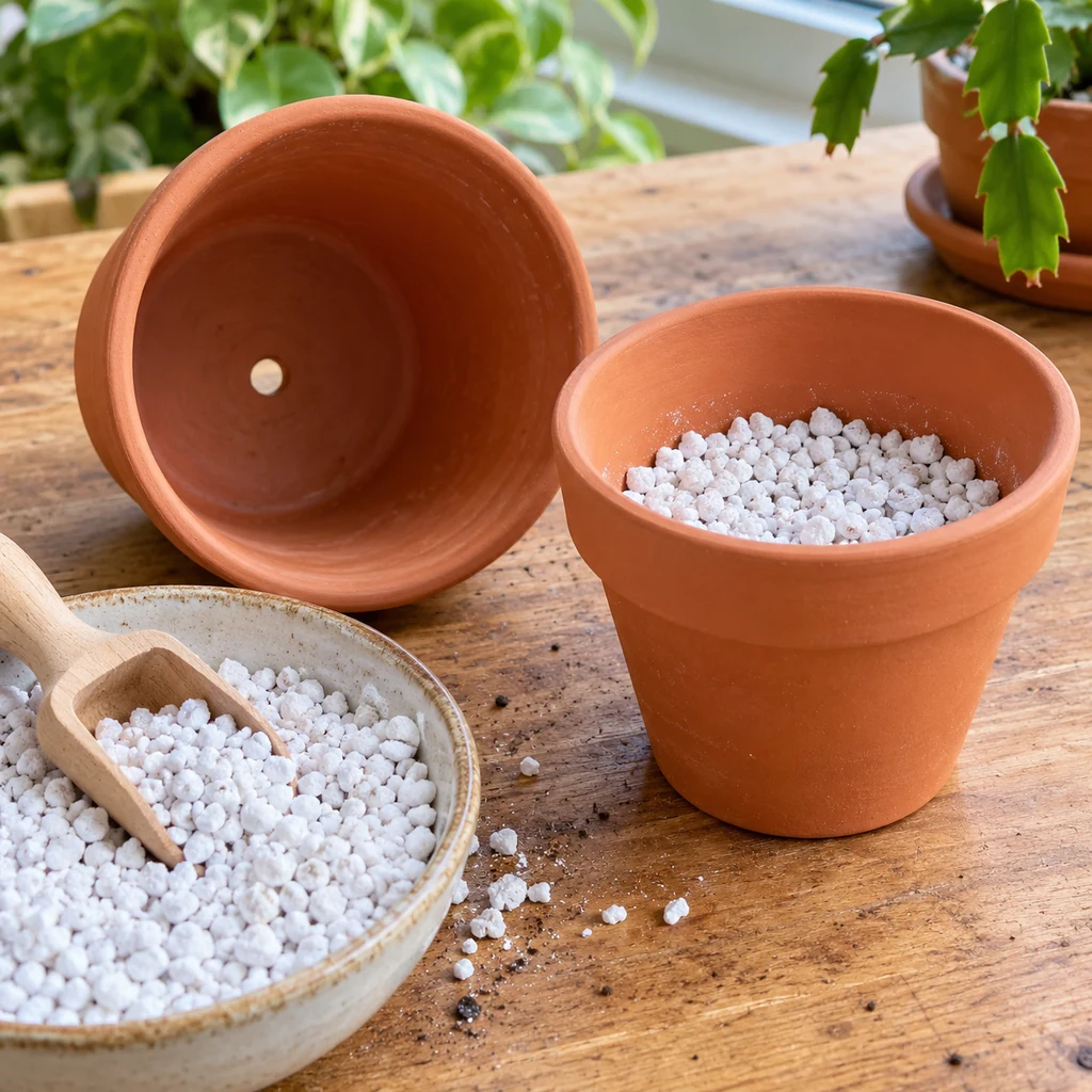 Small terracotta pot with a drainage hole beside a pot partly filled with white horticultural perlite