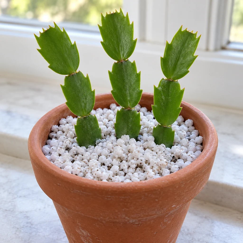Three upright three-segment holiday cactus cuttings planted basal-end-down in white perlite