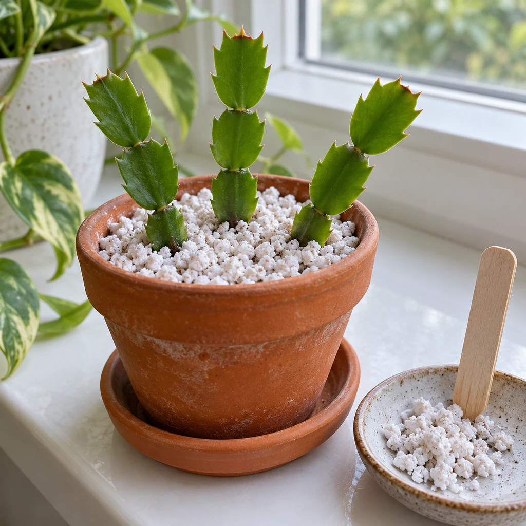 Holiday cactus cuttings in perlite beside a dry medium sample on a bright windowsill