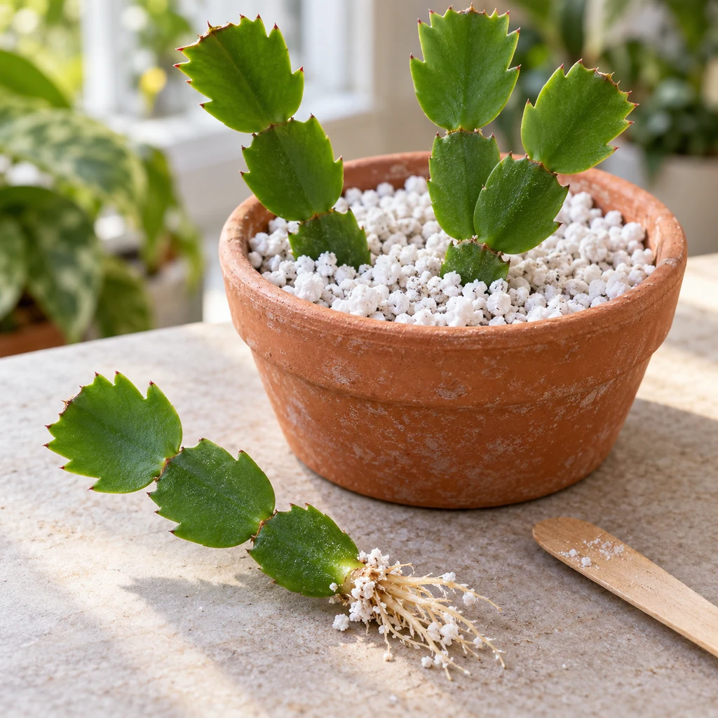 Gently lifted holiday cactus cutting with pale roots and perlite beside its rooting pot