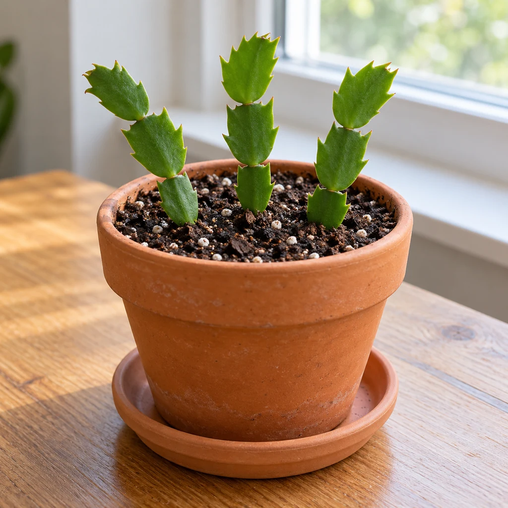 Three young rooted holiday cactus cuttings potted in a dark well-drained mix