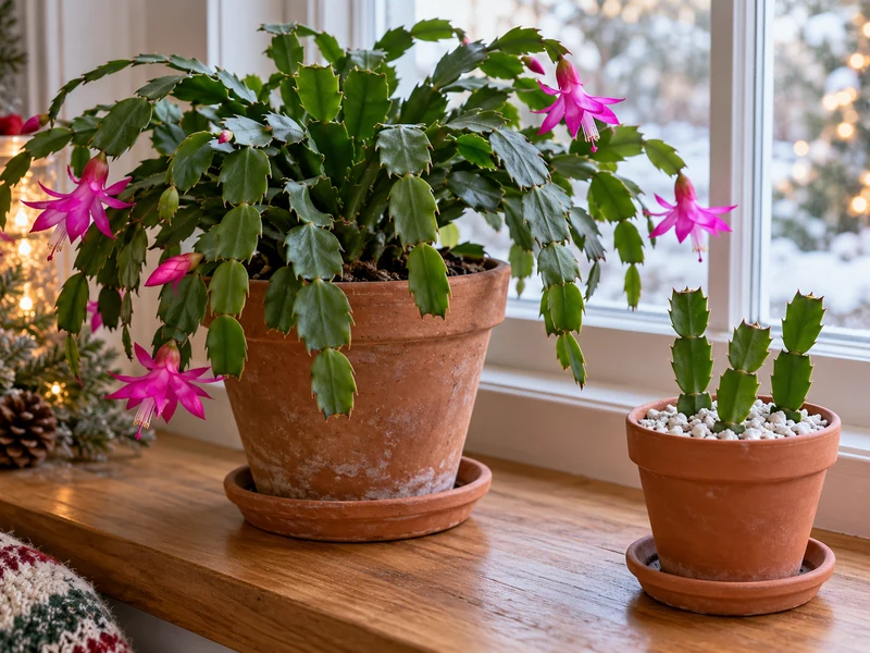 Flowering serrated holiday cactus beside a small pot of three cuttings rooted in perlite.
