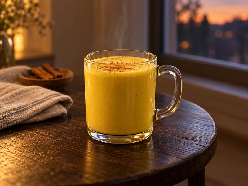 A glass mug of finished golden milk on a wooden table at dusk