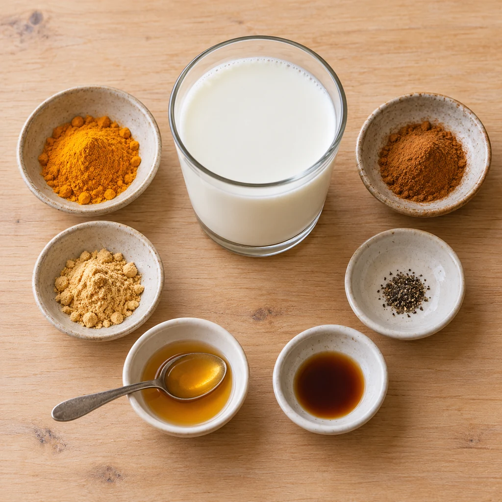 Milk with separate bowls of turmeric, cinnamon, ginger, black pepper, honey and vanilla