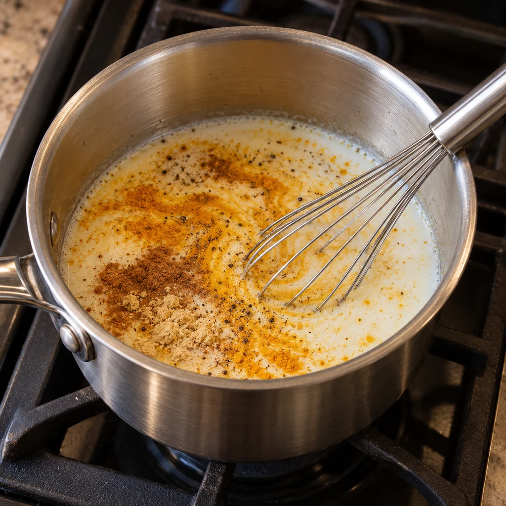 Turmeric, cinnamon and ginger being whisked into milk in a saucepan