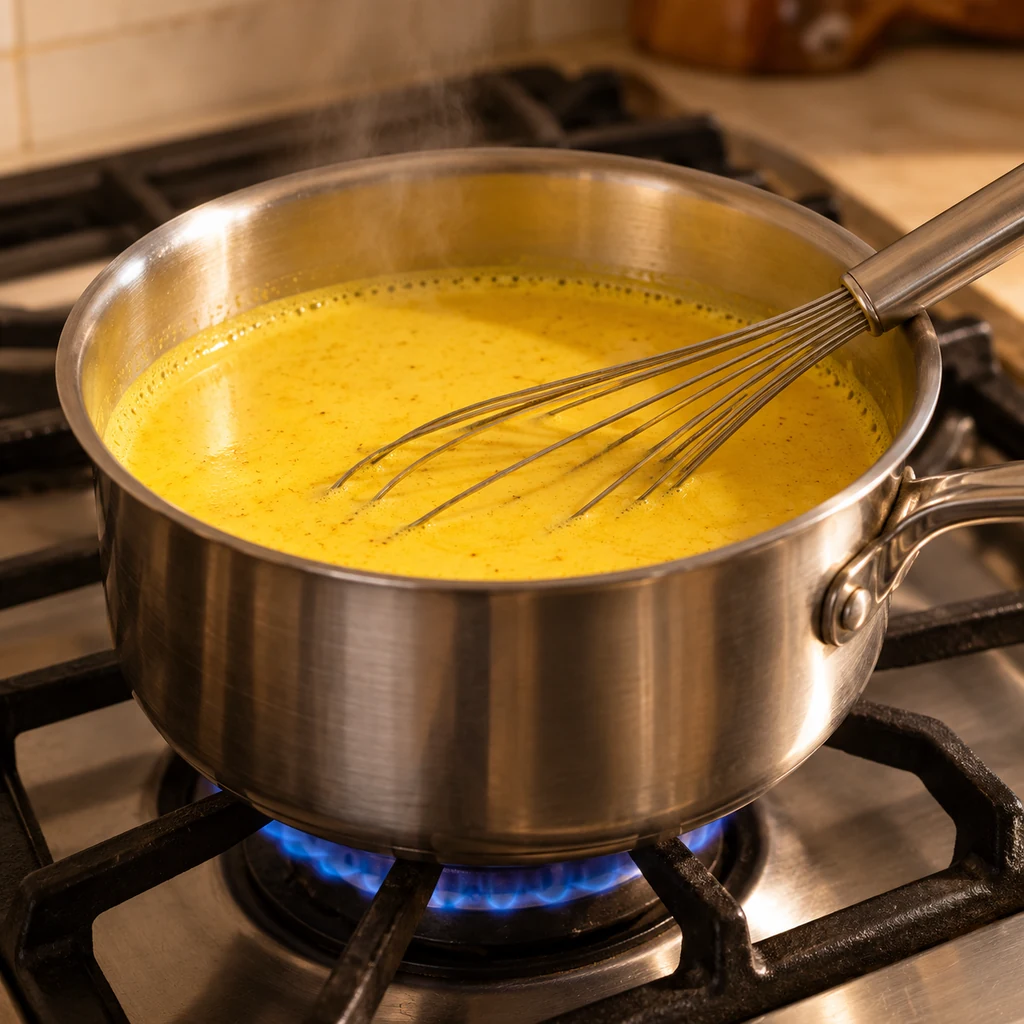 Golden turmeric milk warming gently in a saucepan over low heat