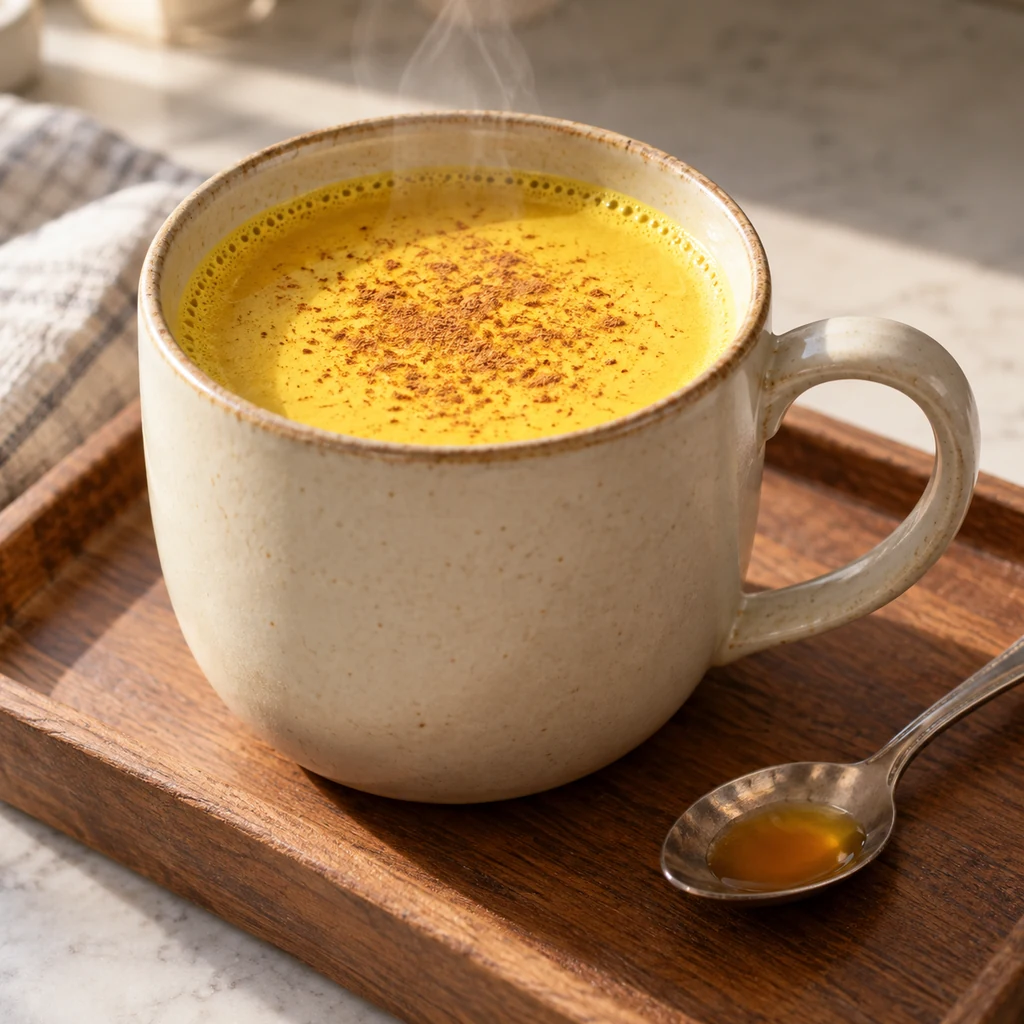 A ceramic mug of warm golden milk with cinnamon and a spoon of honey nearby