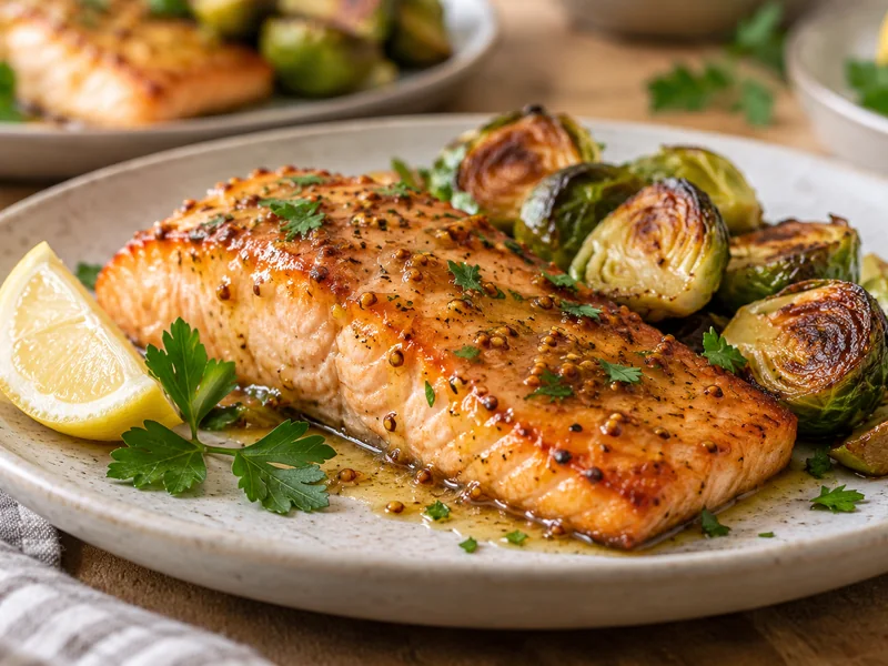 Finished honey mustard glazed salmon with roasted Brussels sprouts and lemon on a plate