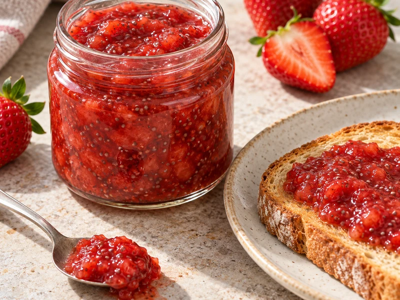 Finished strawberry chia spread in a jar beside strawberry toast