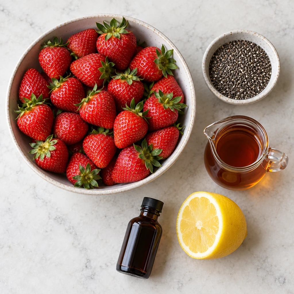 Fresh strawberries, maple syrup, lemon, chia seeds and vanilla arranged for jam
