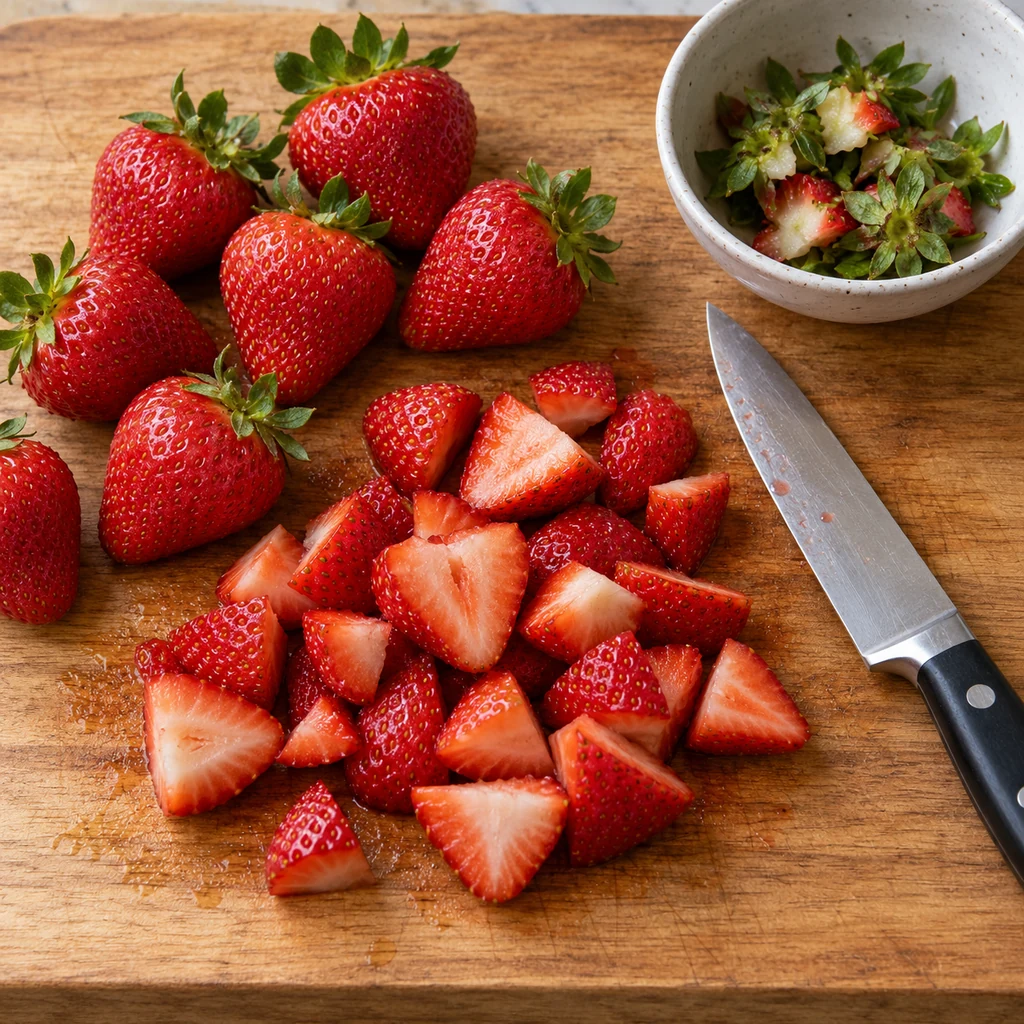 Washed strawberries with green tops removed and several berries chopped on a board