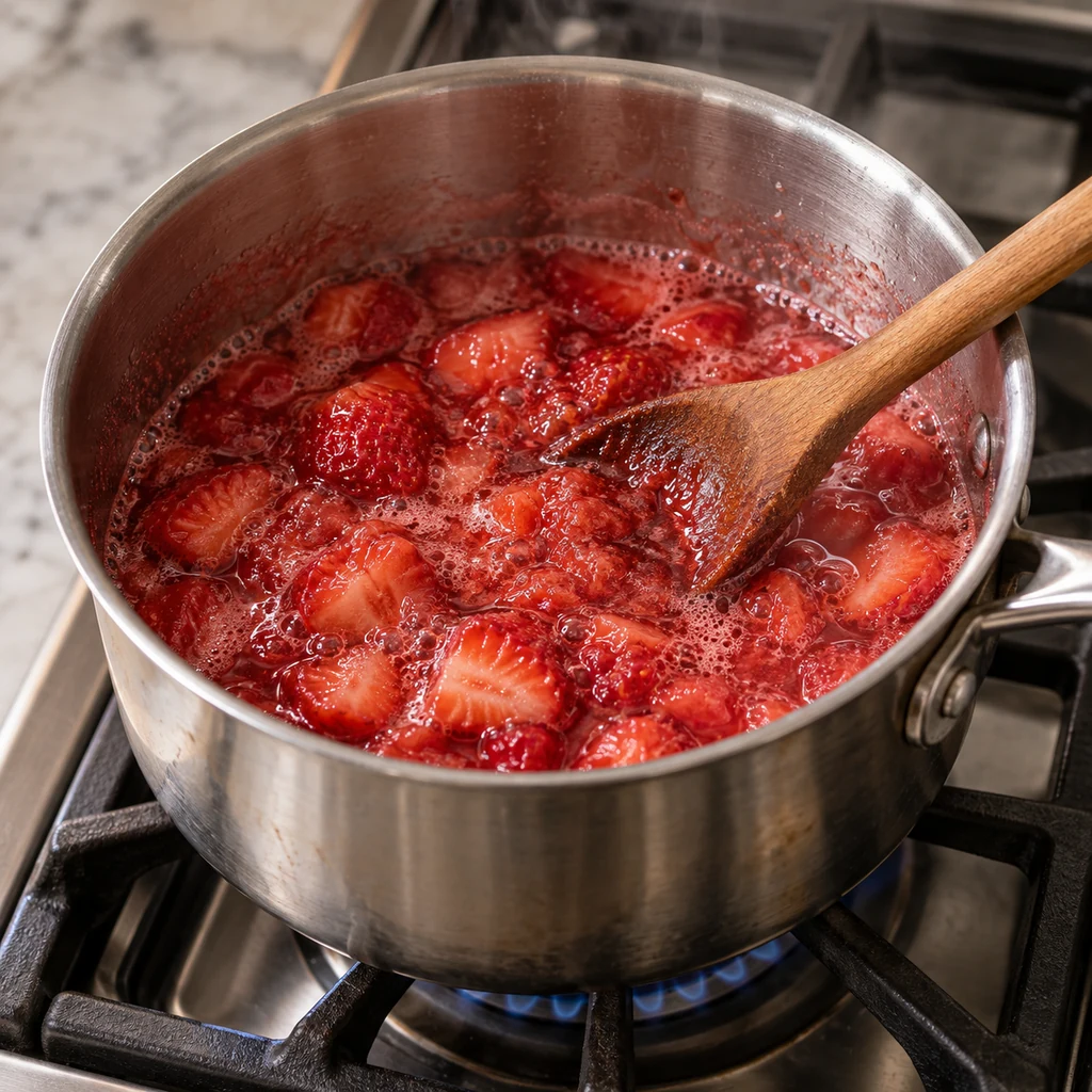Chopped strawberries gently simmering in a saucepan with visible fruit pieces