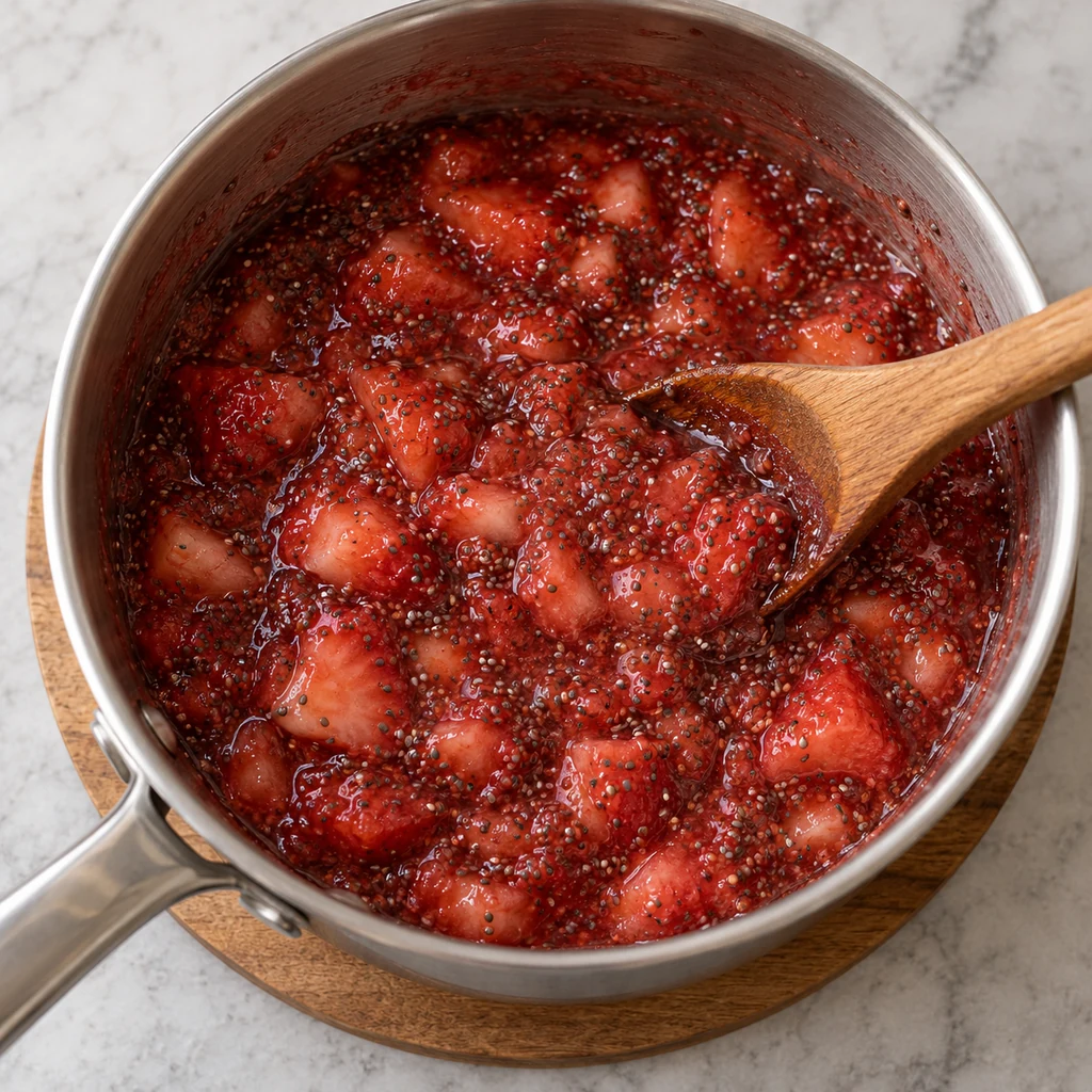 Small black chia seeds stirred evenly into cooked strawberry fruit spread