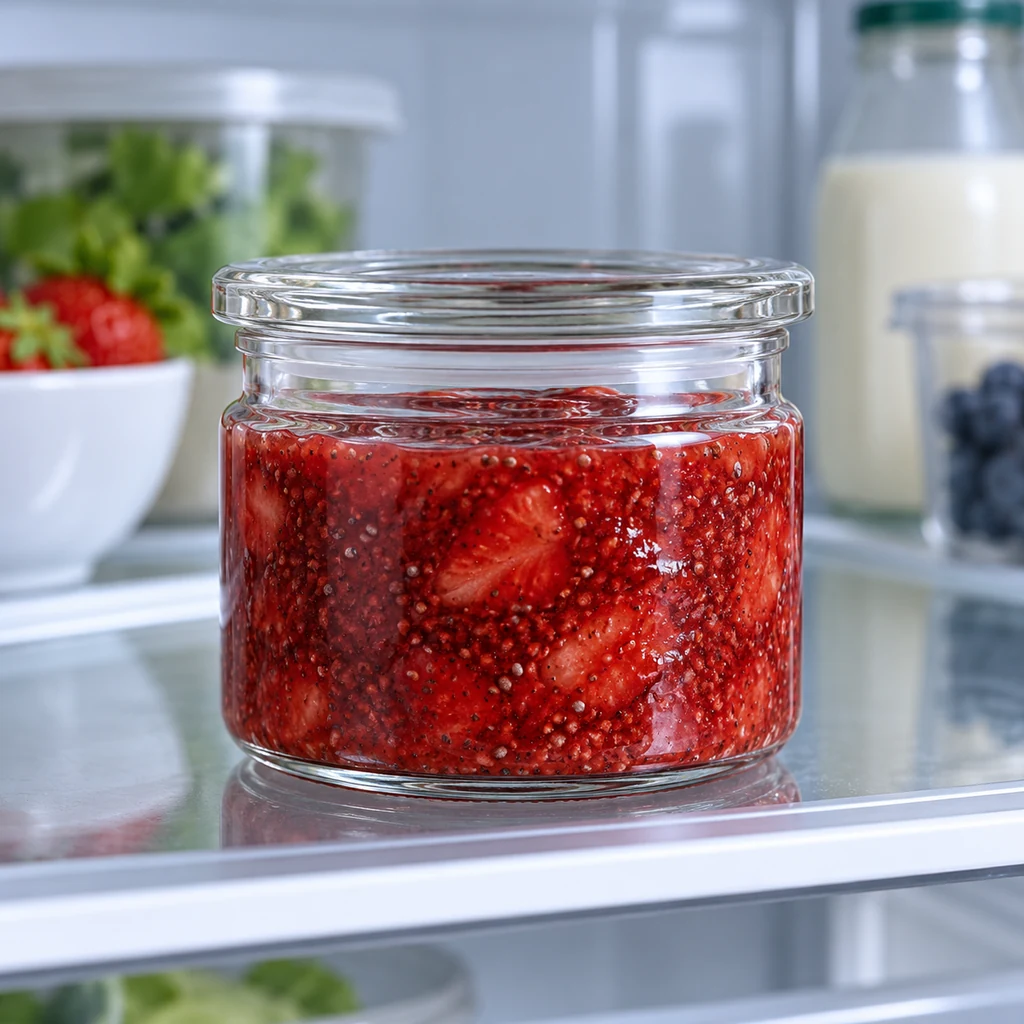 Covered jar of thick strawberry chia spread on a refrigerator shelf