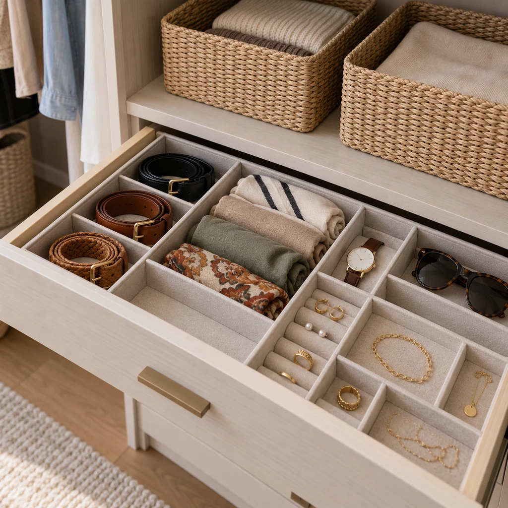 Drawer dividers with belts scarves watches and jewelry beside storage baskets