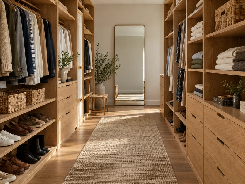 Organized dressing room with hanging wardrobe, shelves, drawers and full-length mirror