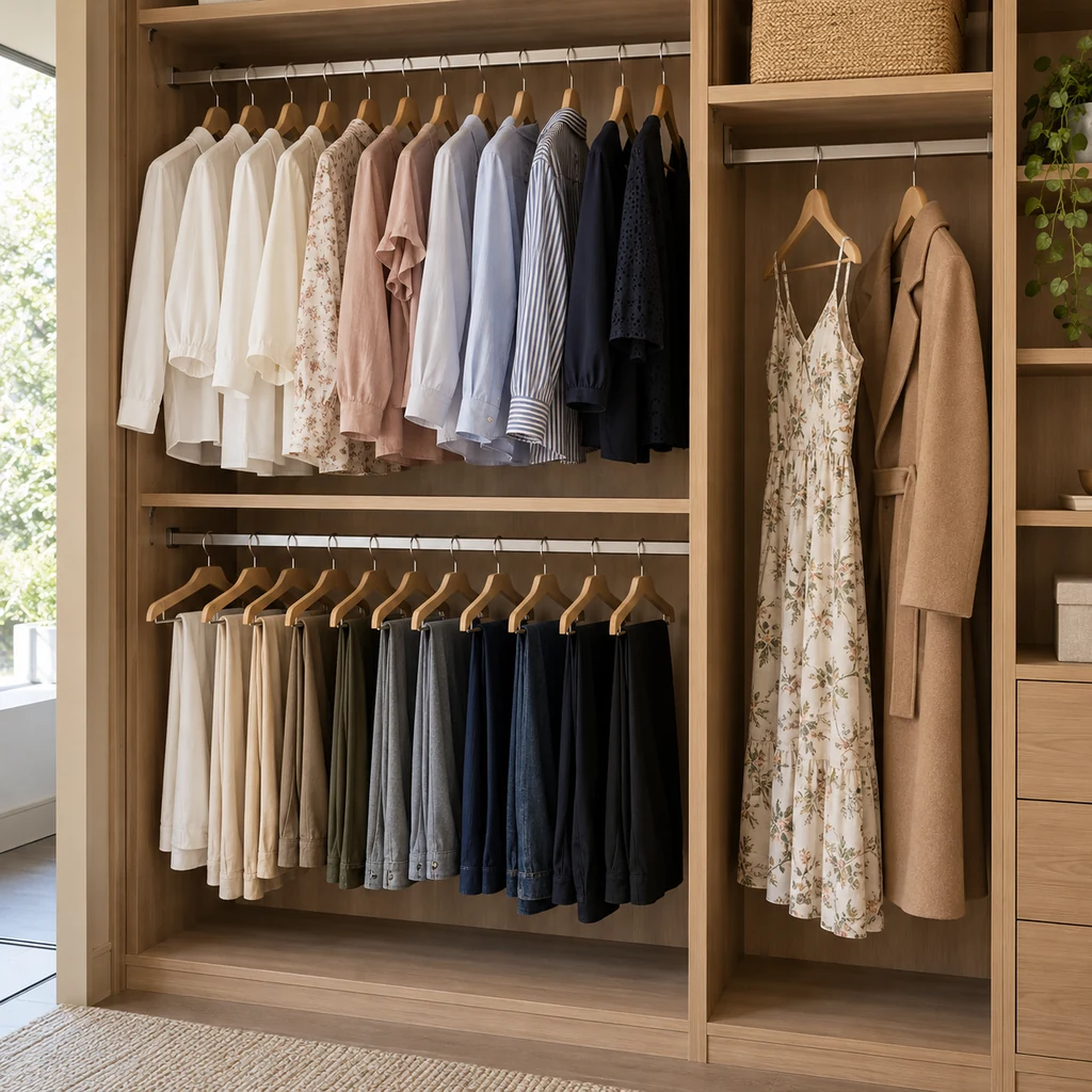 Closet rods with grouped shirts and dresses on suitable hangers