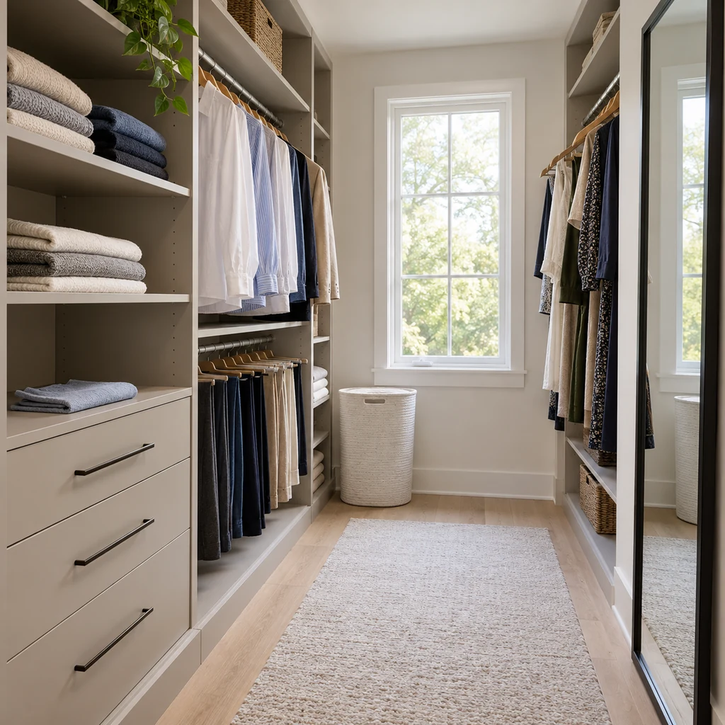 Tidy dressing room with an empty hamper, clear floor and orderly shelves