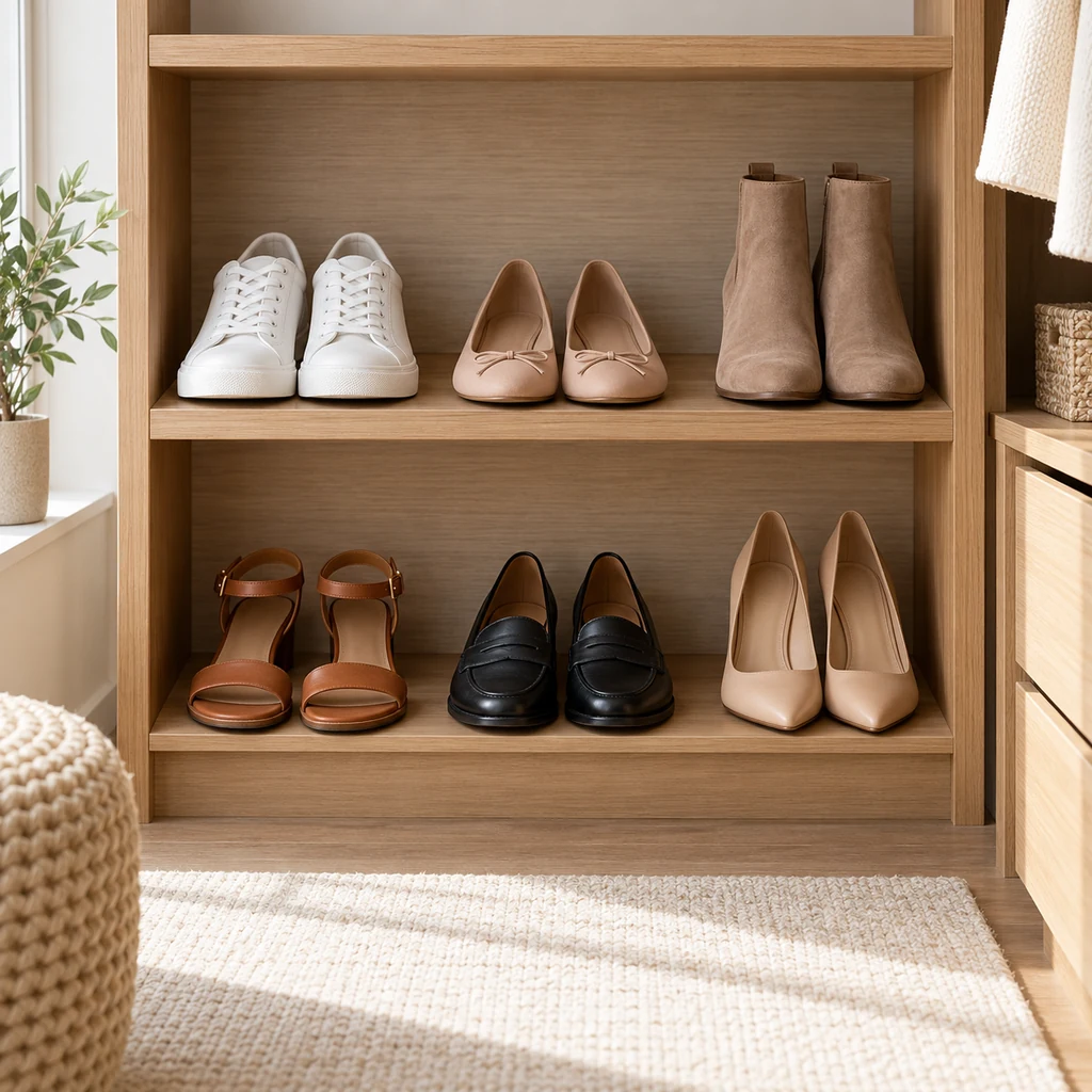 Pairs of shoes arranged on low shelves in a dressing room