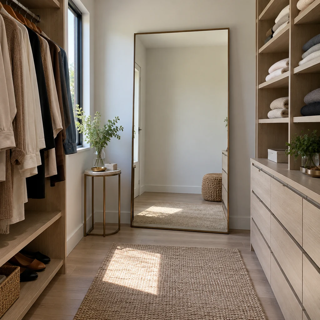 Dressing room with full-length mirror, hanging area, folded clothes and accessory surface