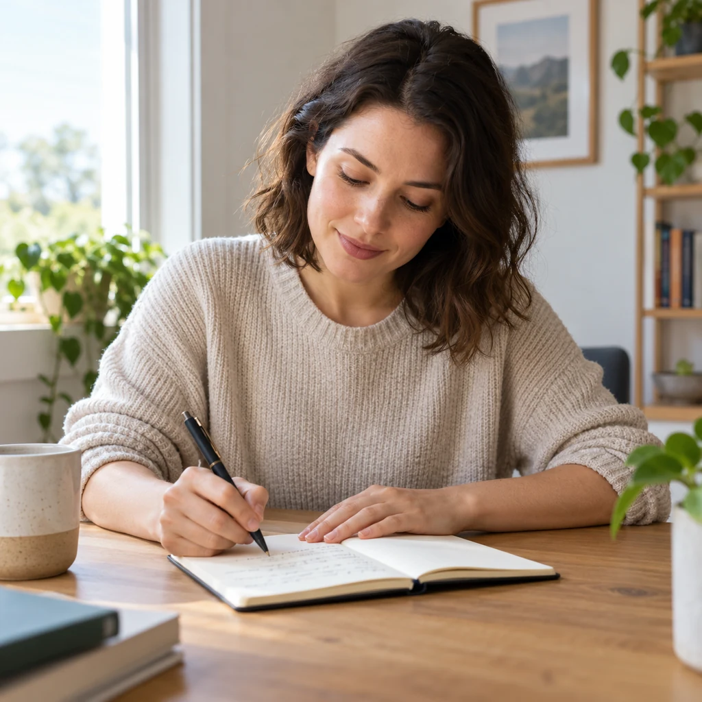 Person writing a personal goal in a simple notebook at a desk