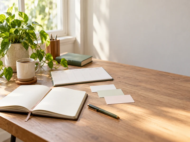 Notebook, task cards and planner arranged on a bright goal-planning desk