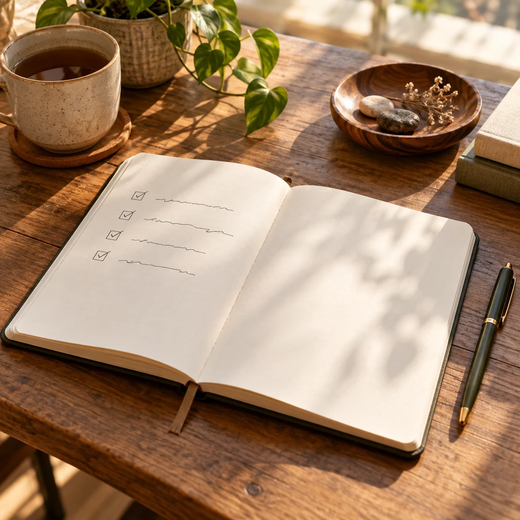 Open notebook with a few completed check marks and a fresh blank page