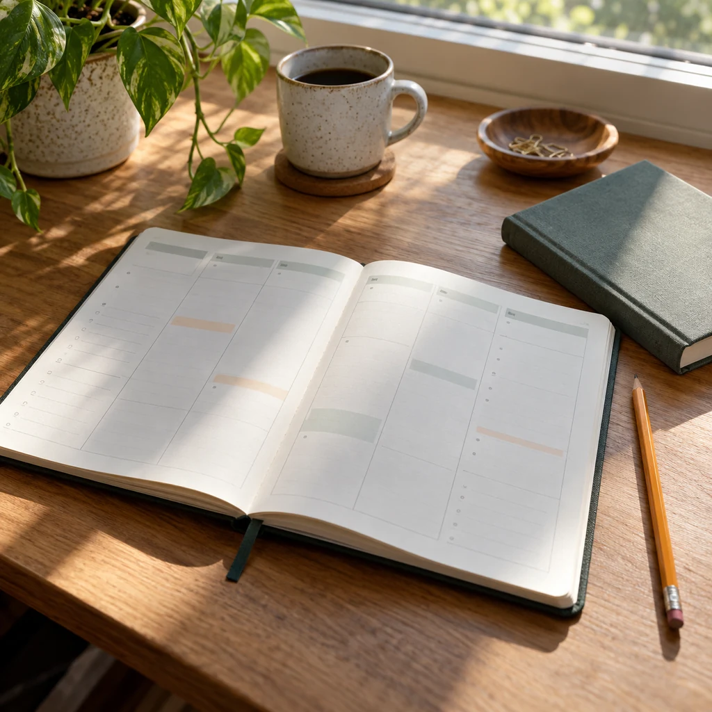 Open weekly planner with a pencil and a small reading book beside it