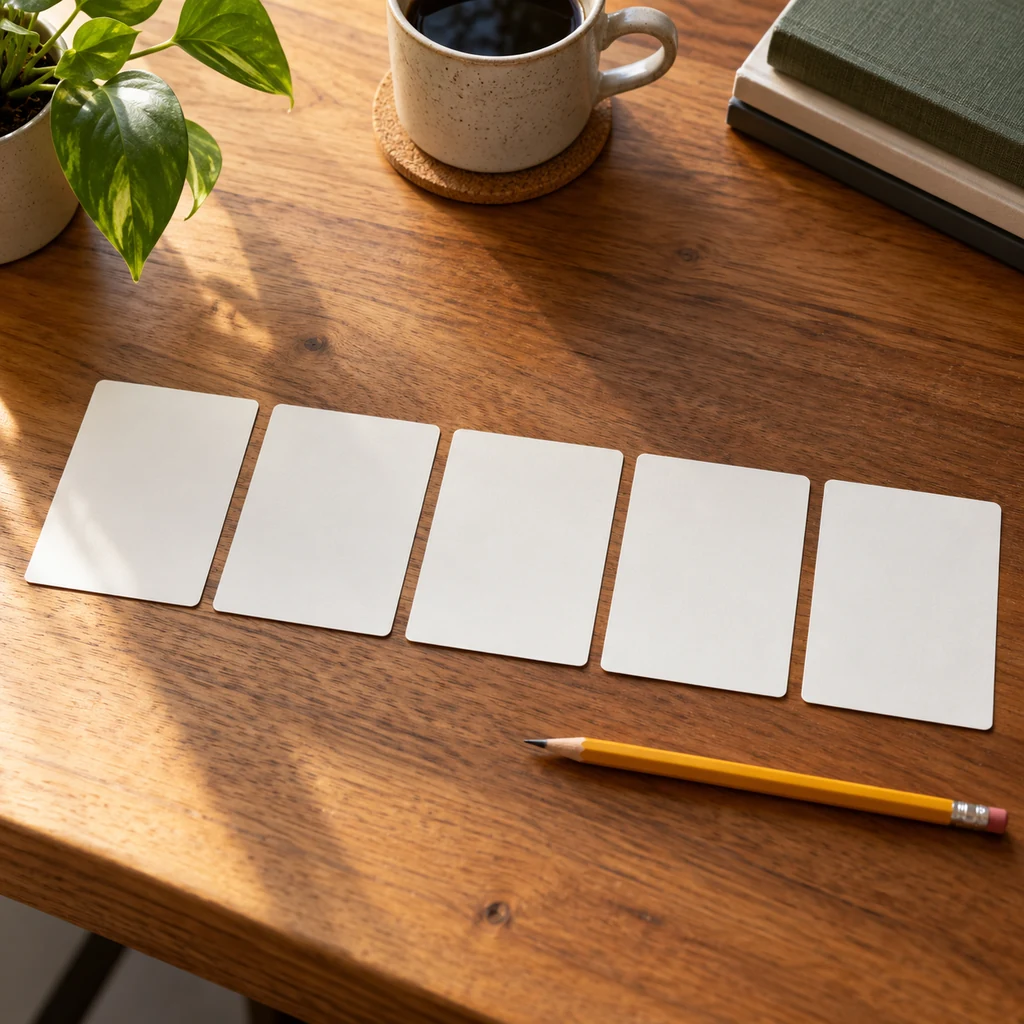Several blank task cards arranged in a short sequence on a wooden desk