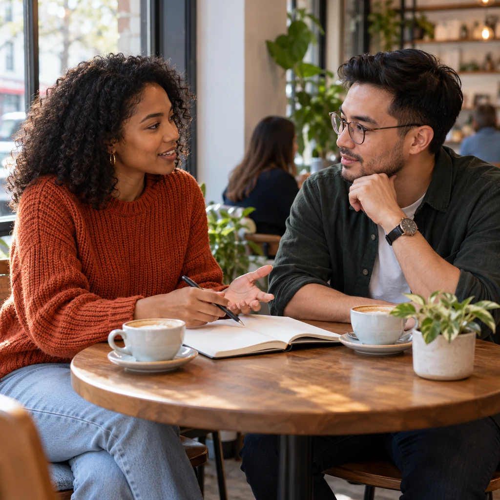 Two adults discussing a notebook together at a cafe table