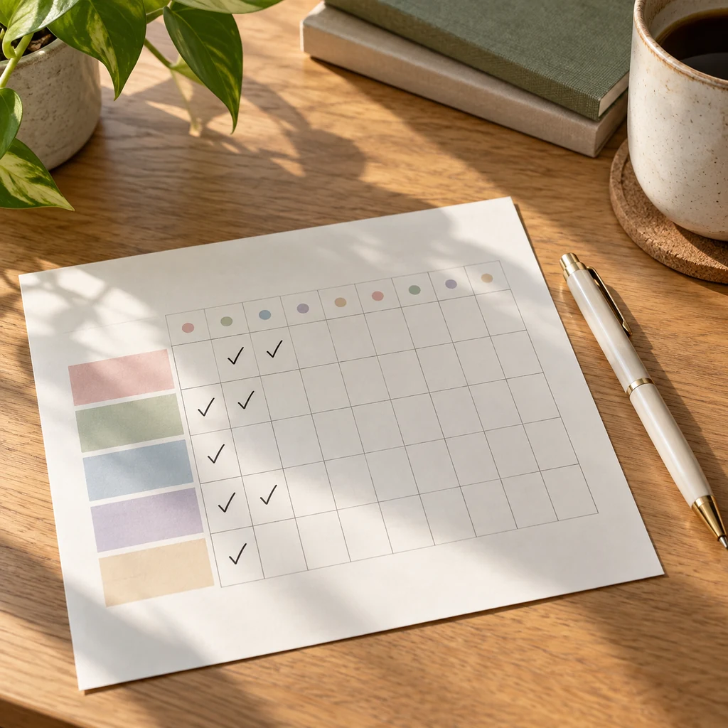 Simple paper habit tracker with a few marked boxes and a pen