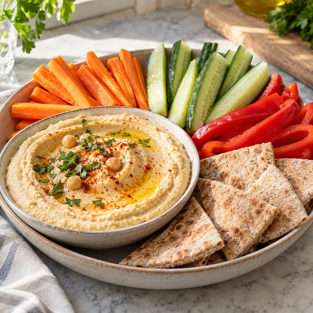 Hummus with carrot, cucumber, red pepper, and whole-grain pita