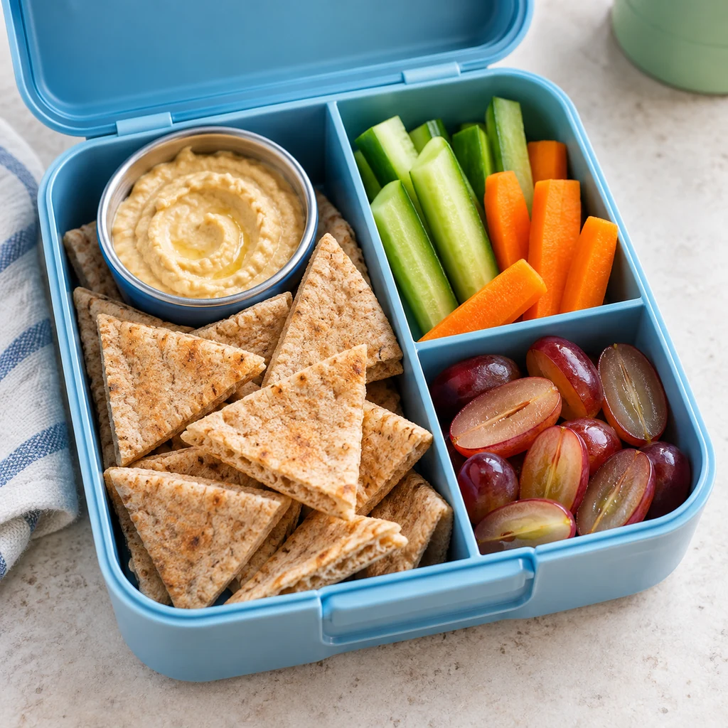 Whole-wheat pita triangles, hummus, cucumber sticks, carrot sticks and halved grapes in a school lunchbox