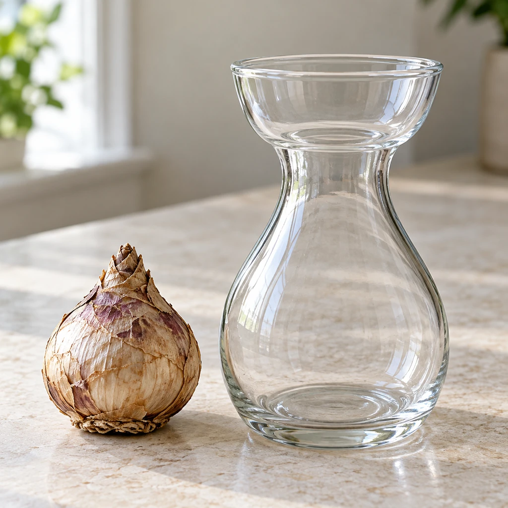 Firm unplanted hyacinth bulb beside an empty clear glass forcing vase