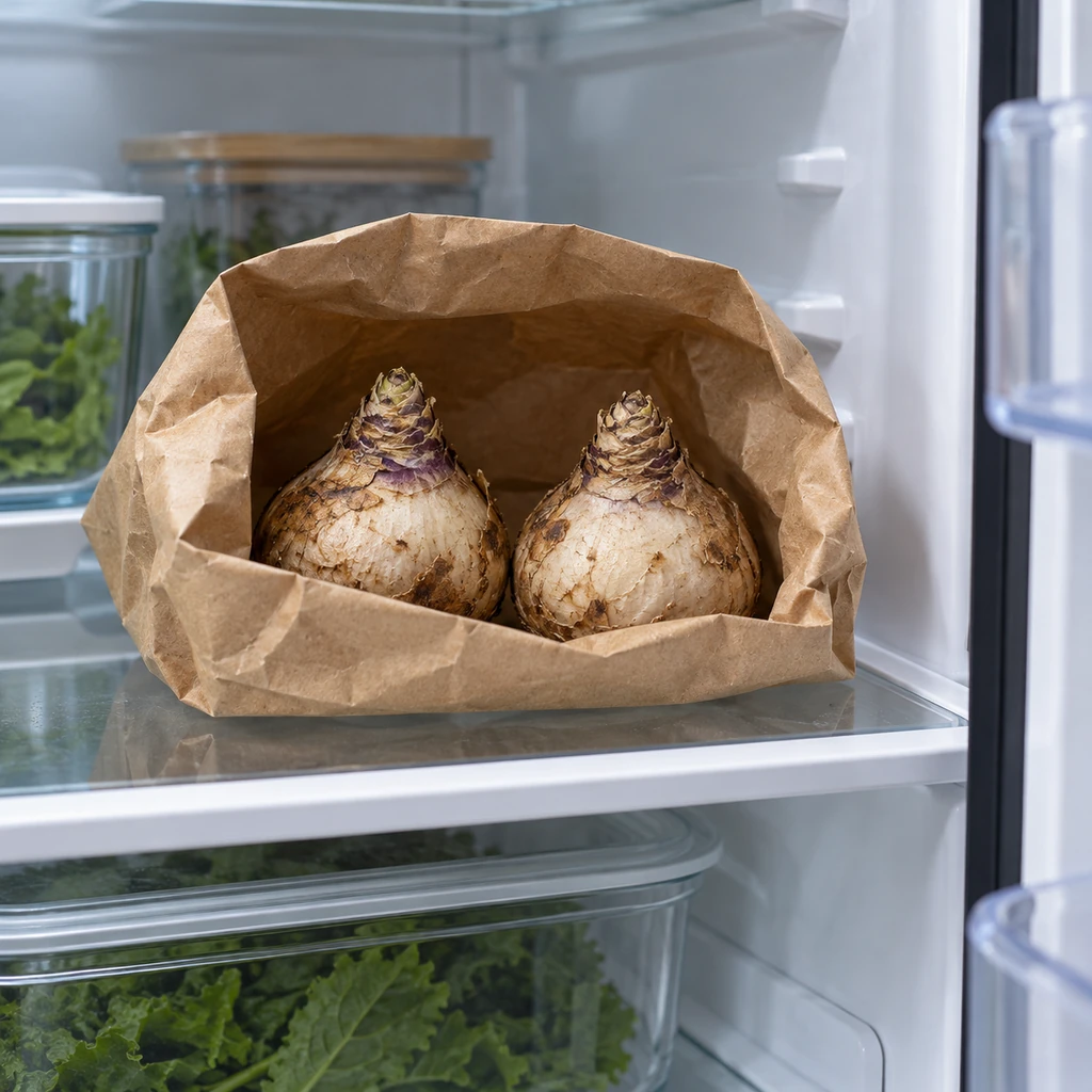 Two unplanted hyacinth bulbs chilling in a paper bag on a refrigerator shelf