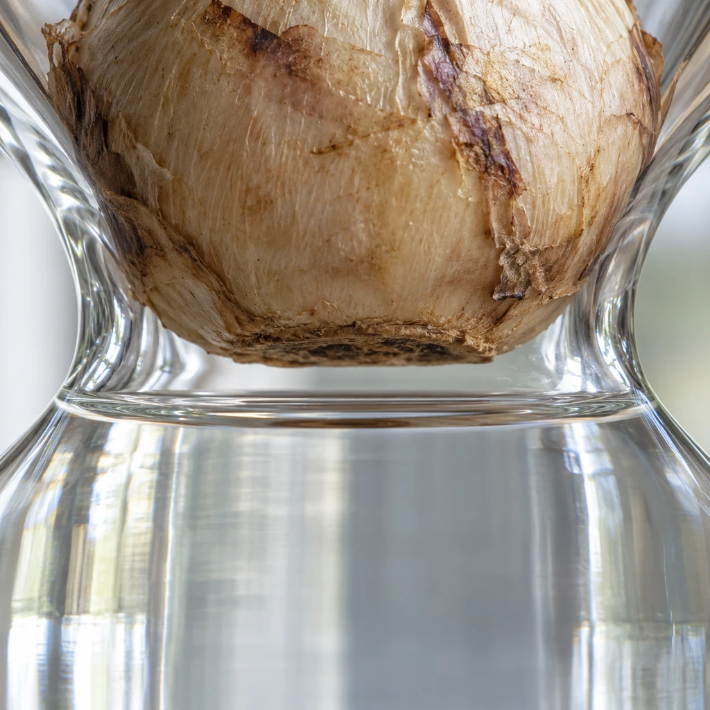 Close-up of clear water just below the dry base of a hyacinth bulb in a forcing vase