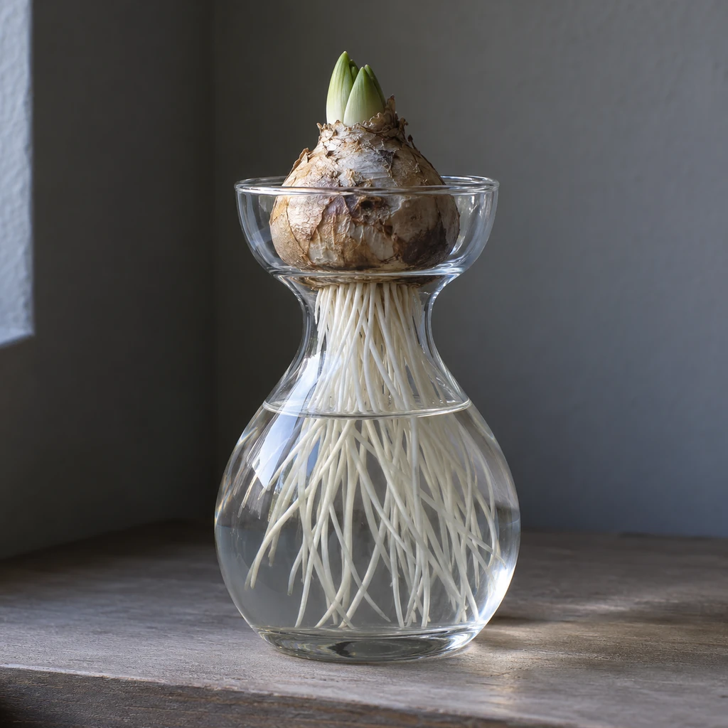 Hyacinth bulb with a small shoot and white roots reaching into water in a cool room