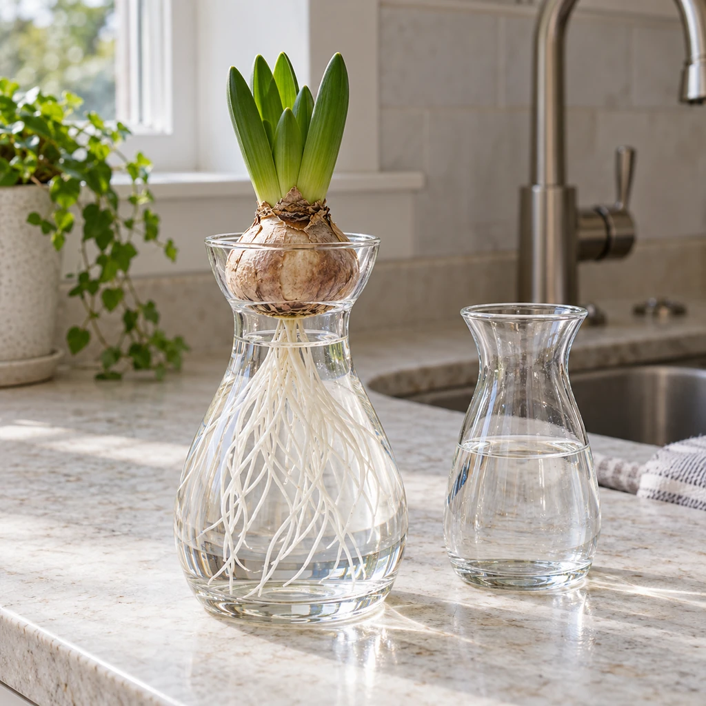 Rooted hyacinth with clear renewed water below its dry bulb and a glass carafe beside it