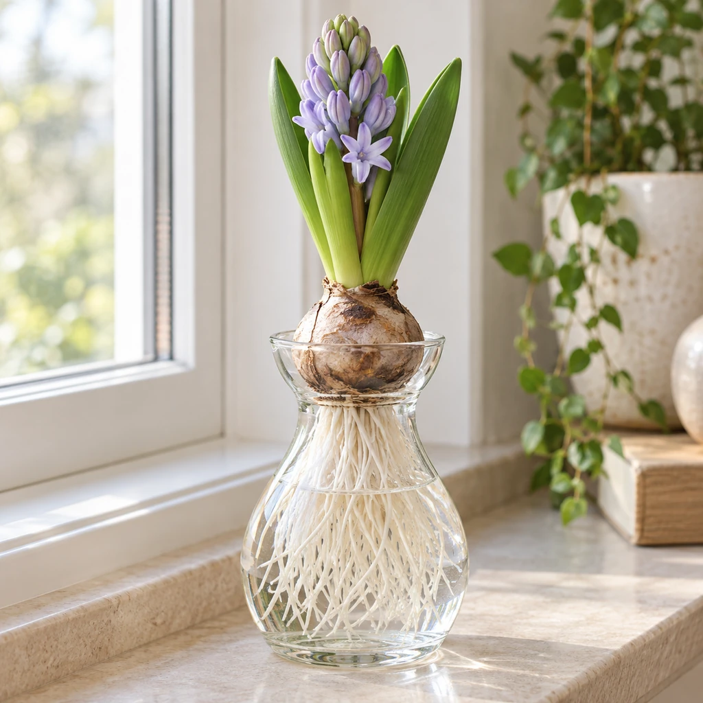 Rooted hyacinth with pale lavender buds on a bright windowsill