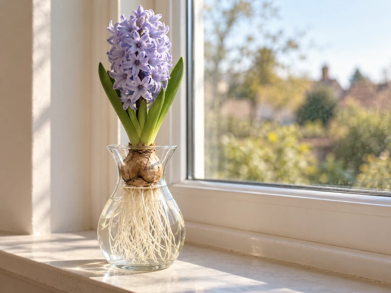 Pale lavender hyacinth blooming above a clear forcing vase with roots in water