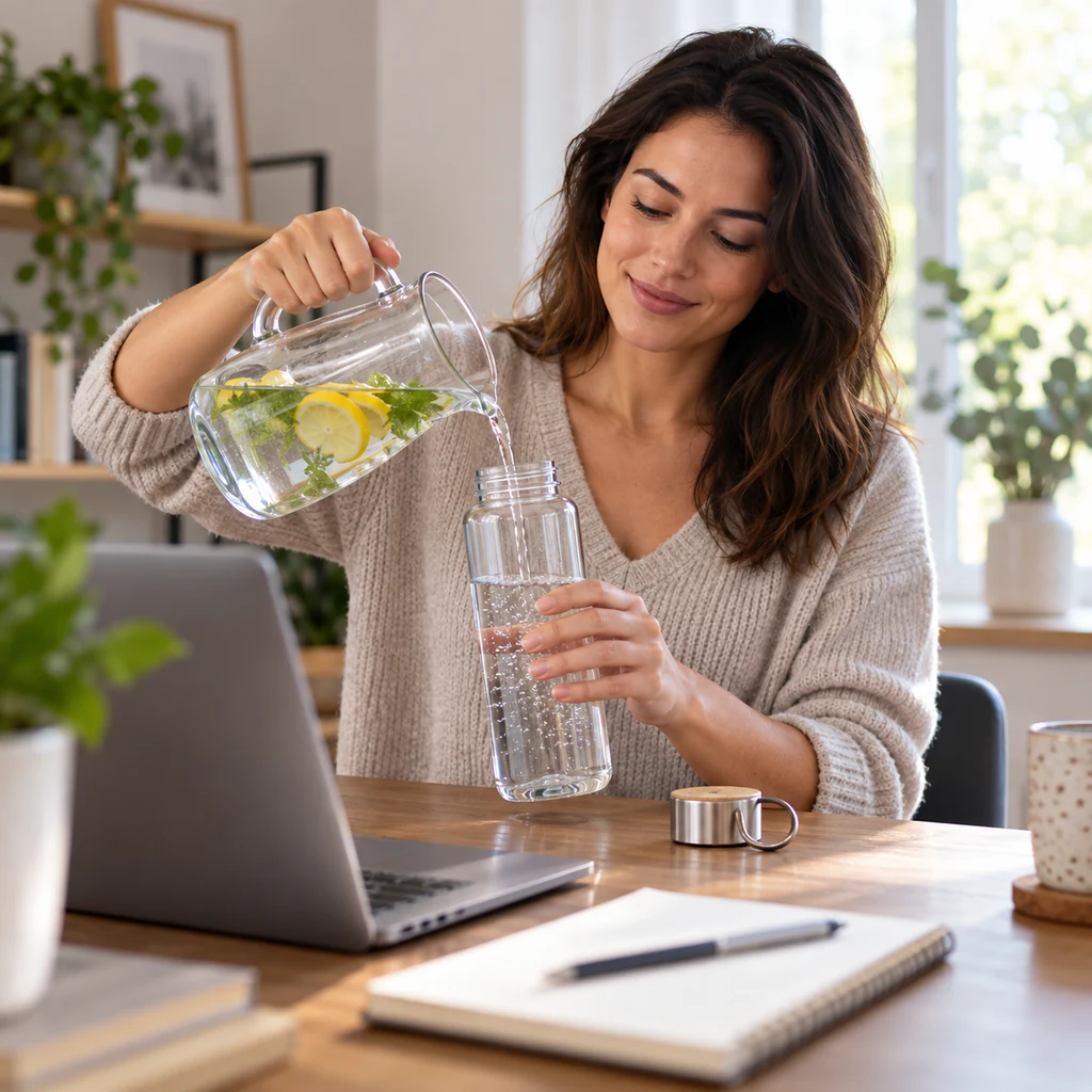 Person refilling a reusable water bottle during a desk break