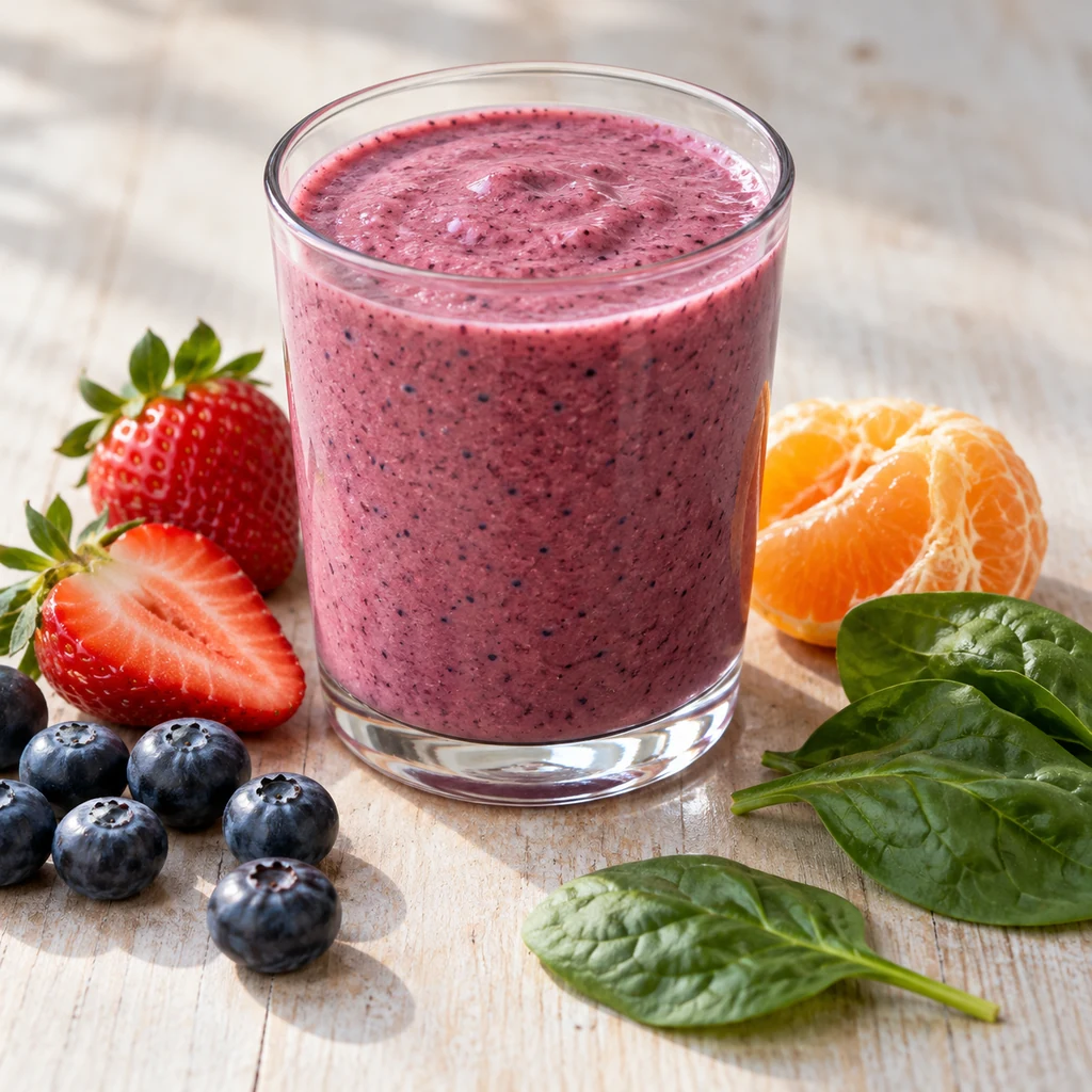 Pink berry citrus smoothie made with strawberries, blueberries and orange