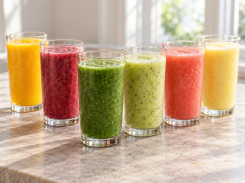 Six colorful summer smoothies in separate clear glasses