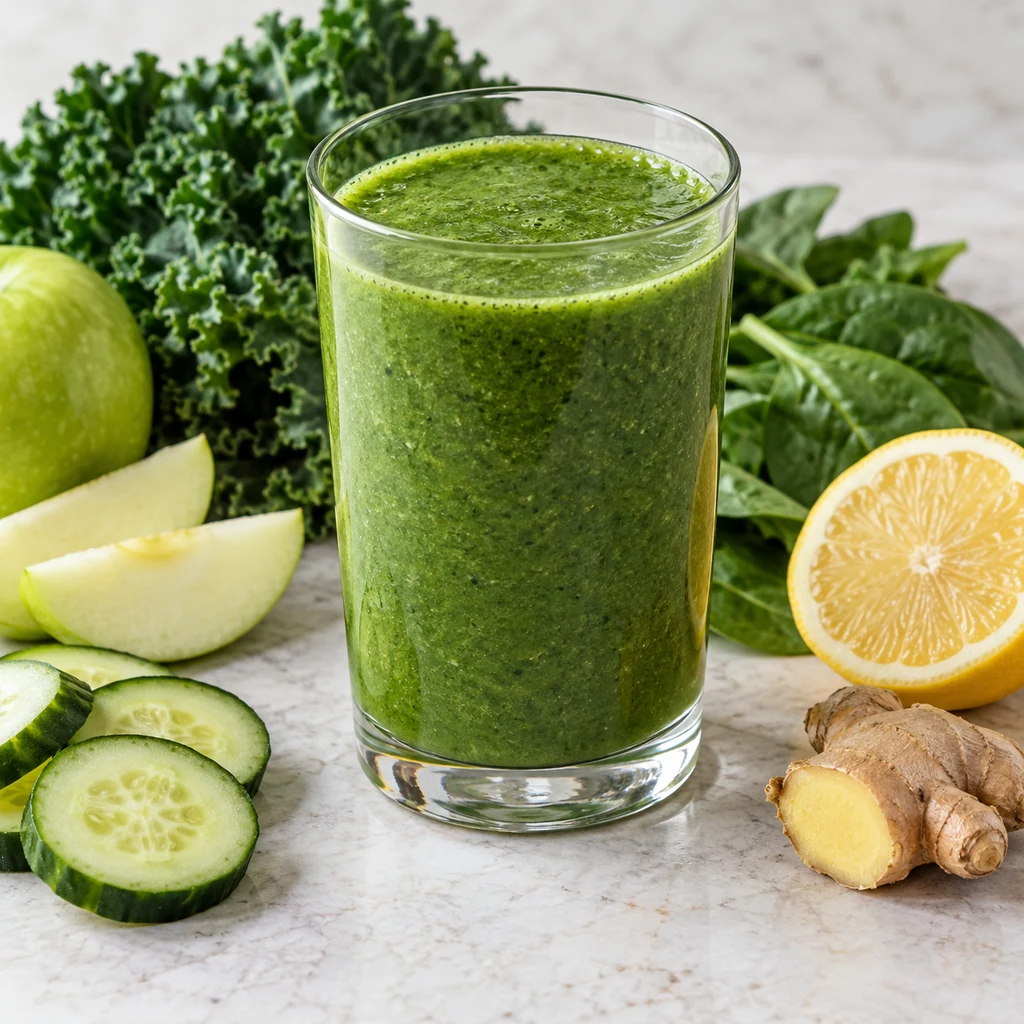 Green smoothie with apple, cucumber, leafy greens and ginger