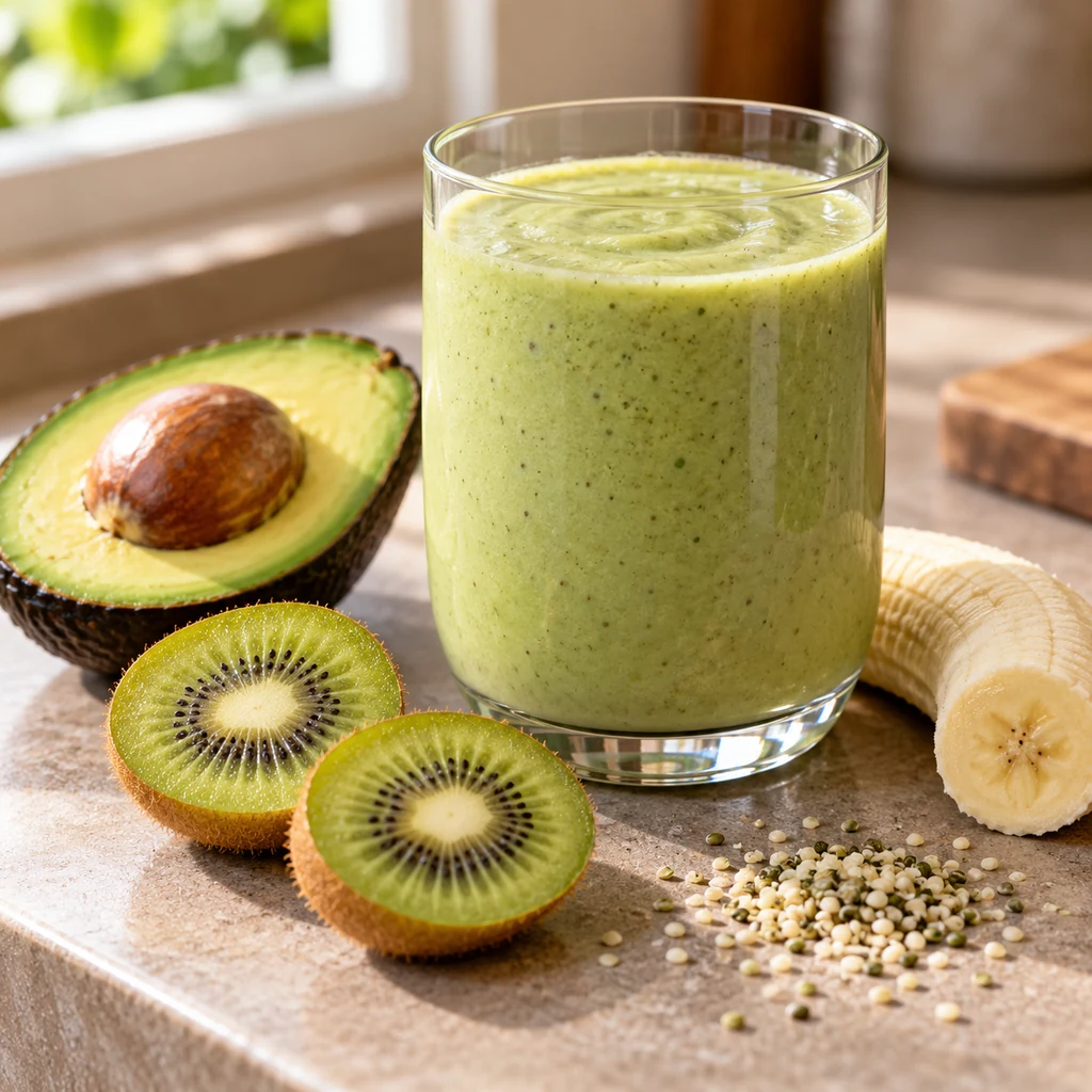 Creamy pale green avocado and kiwi smoothie